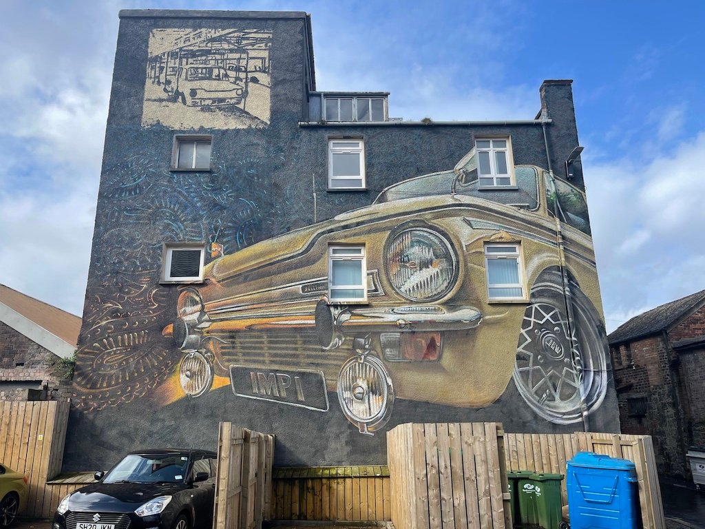 Hillman Imp mural on New Sneddon Street, Paisley — tribute to the Linwood-built car