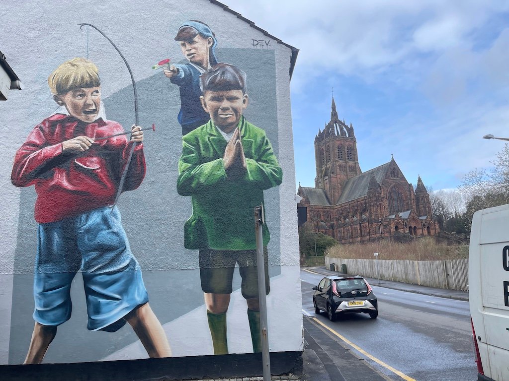 Paisley mural No. 04: "3 Boys Playing" on Lady Lane , Paisley town centre