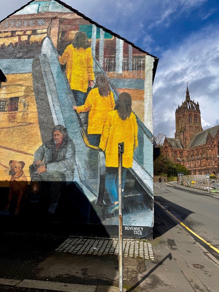 Going Up trompe-l'œil escalator mural on Lady Lane, Paisley by Shaun Devenney (DEV), 2025