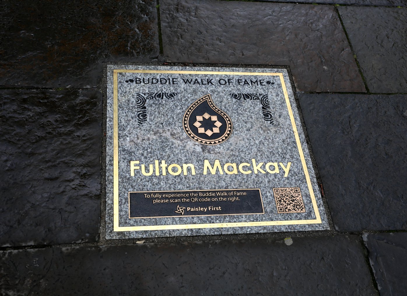 Buddie Walk of Fame plaque for Fulton Mackay, Paisley.